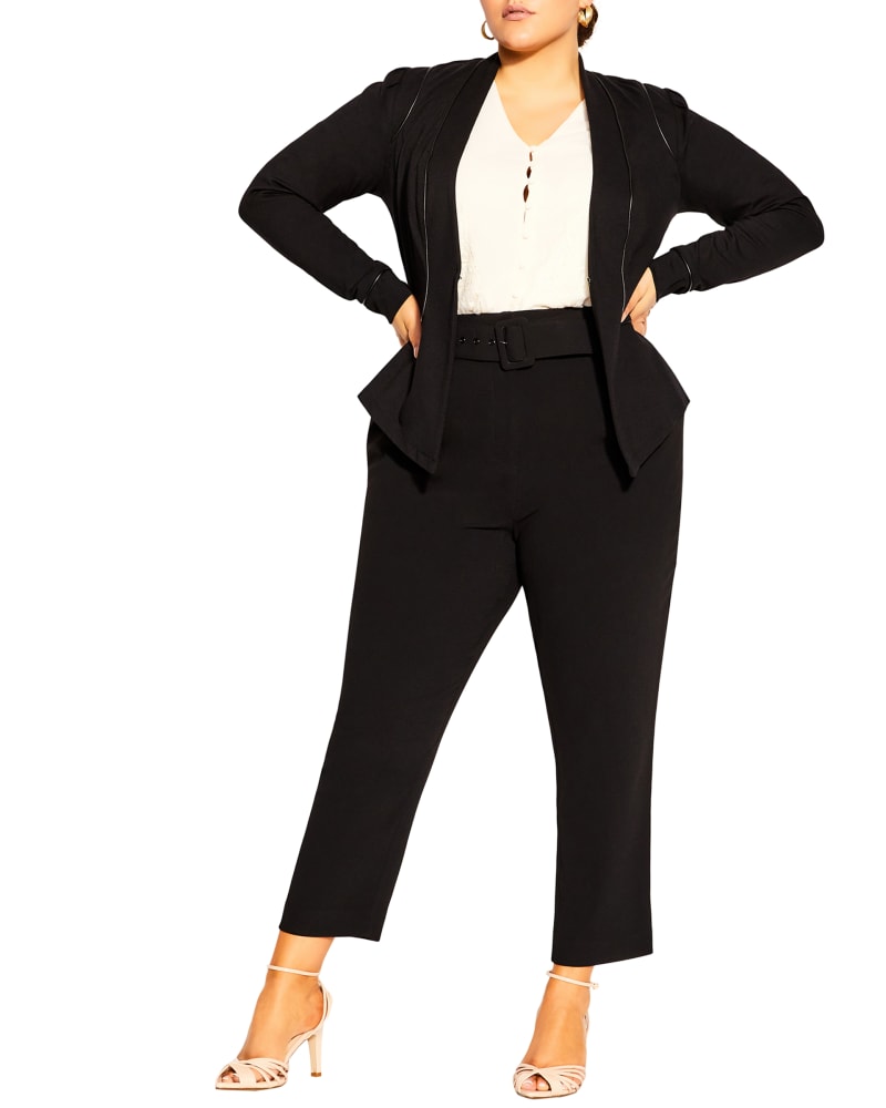 Front of a model wearing a size M Piping Praise Jacket in Black by City Chic. | dia_product_style_image_id:320492